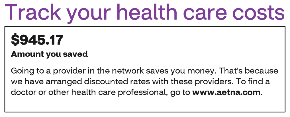 A section of a bill: *$945.17* Amount you saved Going to a provider in the network saves you money. That's because we have arranged discounted rates with these providers. To find a doctor or other health care professional, go to www.aetna.com.
